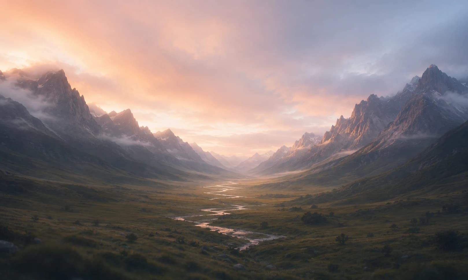 A winding river crossing a mountain valley at sunrise
