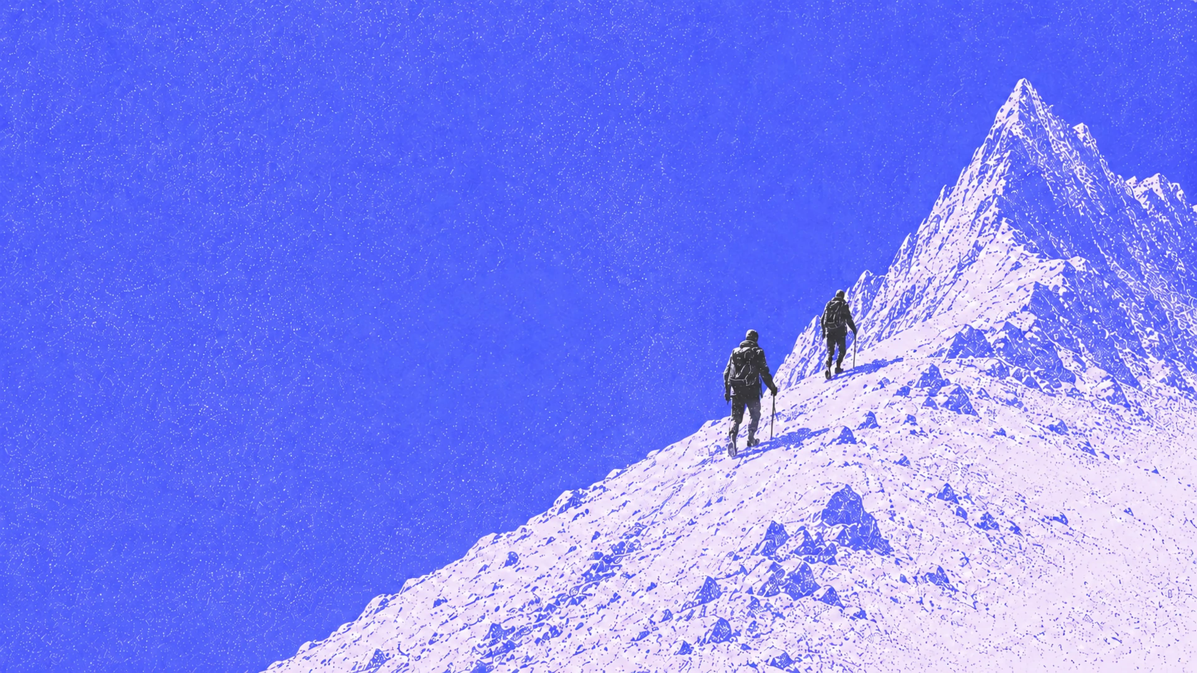 Three climbers ascending a steep mountain ridge