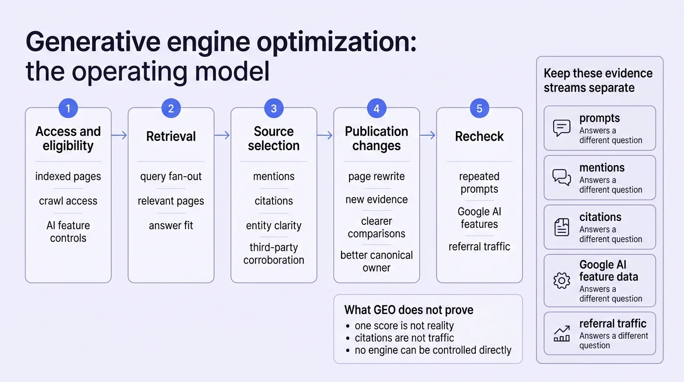 Diagram of the generative engine optimization operating loop from eligibility through measurement